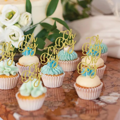 Vista 5 de Rsstarxi Paquete de 24 adornos para cupcakes con purpurina dorada para baby shower, revelación de género It's A Boy Cupcake Picks para celebrar baby