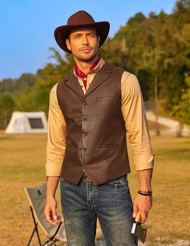Vista 2 de COOFANDY Chaleco de cuero para hombre, chaleco casual occidental, chaqueta ligera con cuello en V, chaleco chaleco de traje