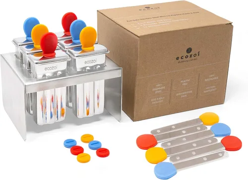 Vista 10 de Moldes y estante de acero inoxidable para paletas – 6 mini máquinas redondas de paletas de hielo + 30 palos de bambú reutilizables + 12 sellos