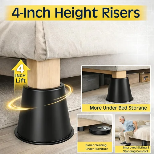 Vista 5 de Elevadores de cama resistentes de 4 pulgadas – Juego de 9 elevadores de muebles ajustables para camas, sofás, mesas y sillas – Soporta hasta 1500