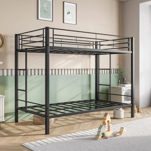 Vista 4 de HAUSHECK Literas individuales para 2 niños, litera individual sobre individual con dos escaleras laterales y barandillas de longitud completa