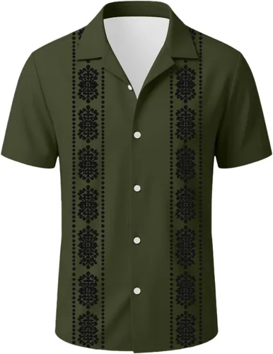Vista 3 de Camisa de guayabera cubana para hombre, de manga corta, con botones, para playa, boda, casual, vacaciones, camisa hawaiana