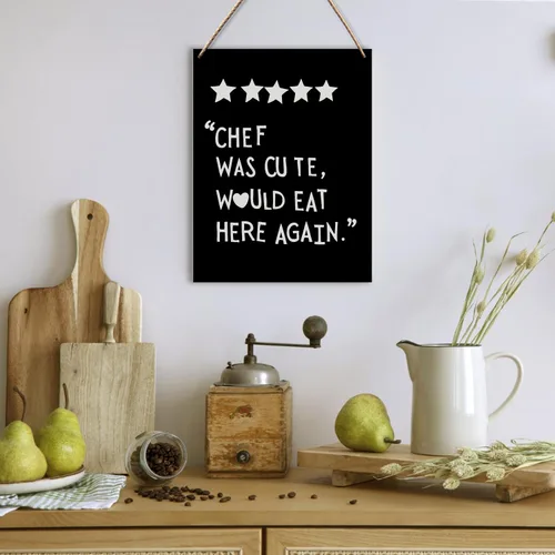 Vista 4 de Letrero colgante de madera con texto en inglés "Chef Was Cute Would Eat Here Again", divertida decoración de pared para comedor, comedor