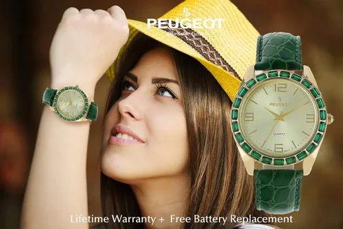 Vista 4 de Peugeot Reloj redondo acentuado de cristal para mujer, estilo novio con correa de cuero genuino