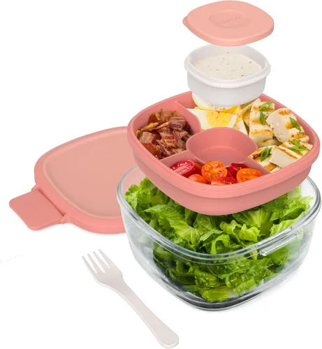 Vista 17 de Bentgo Recipiente de Ensalada de Vidrio Todo en Uno - Ensaladera Grande de 61 oz con Tapa, Bandeja Estilo Bento de 4 Compartimentos, Recipiente