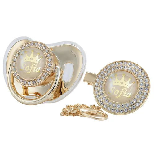 Vista 24 de Juego de Chupete y Clip Personalizado con Cualquier Nombre, Bling Oro Plata, 18 Colores, Libre de BPA, Diseño Único Lujoso, Chupete Ideal para Bebé