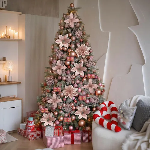 Vista 8 de BSMYBO 59 piezas 6 estilos de flores de Pascua artificiales para árbol de Navidad, adornos de Navidad en color oro rosa con tallos de bayas, copos