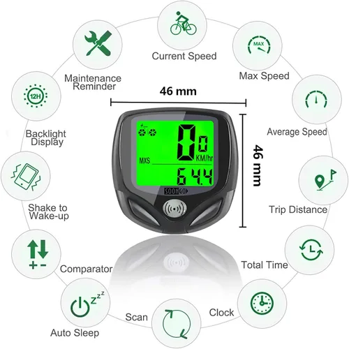 Vista 2 de Computadora inalámbrica para bicicleta con velocímetro, podómetro. Multifuncional con pantalla grande LCD retroiluminada