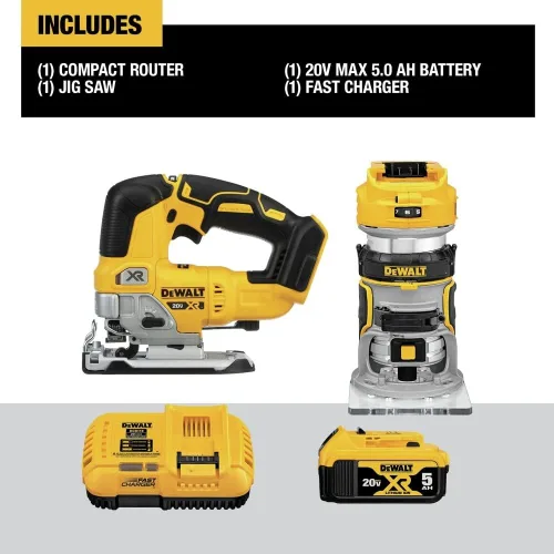 Vista 2 de DEWALT Router de 20 V Max y sierra de calar, juego de 2 herramientas inalámbricas para carpintería con batería y cargador (DCK201P1)