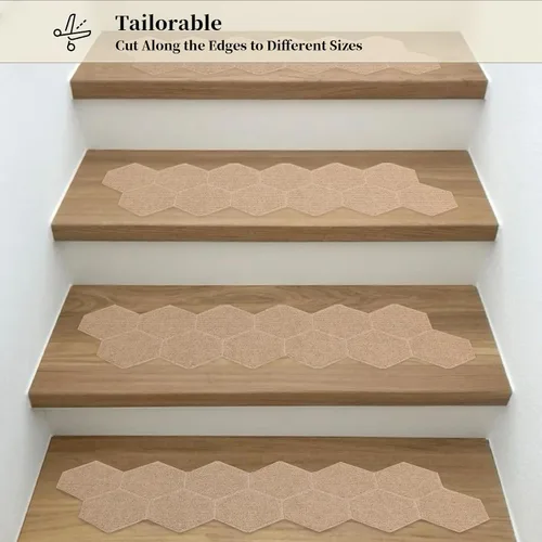 Vista 3 de MATAHUM Peldaños antideslizantes para escaleras, paquete de 15 alfombras de 8 x 30 pulgadas, color beige para escalones de madera en interiores