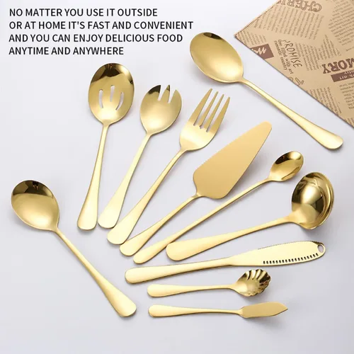 Vista 6 de Juego de utensilios de servicio de 11 piezas, juego de cubiertos modernos de acero inoxidable, cucharas, tenedor, cuchillo, cucharón, cubiertos