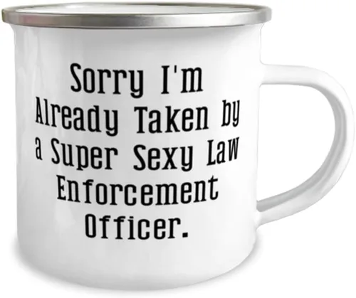 Vista 2 de Surprise Law enforcement officer Gifts, Sorry I'm Already Taken by, Unique Birthday 12oz Camper Mug For Men Women, From Friends, Police, Cop, Coffee
