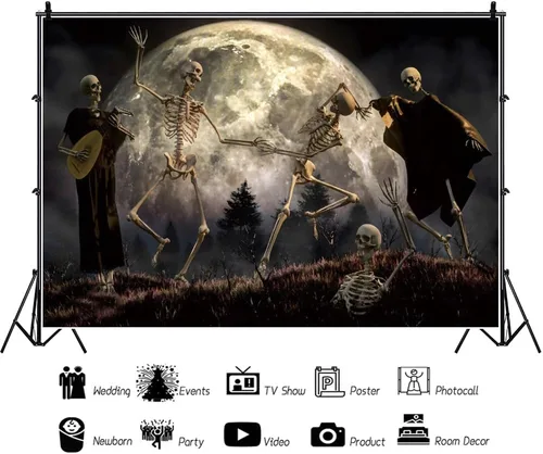 Vista 3 de Telón de fondo de Halloween de 5 x 3 pies para sesión de fotos, luna llena, esqueletos nocturnos, cráneo, danza, fondo para fotografía, casa