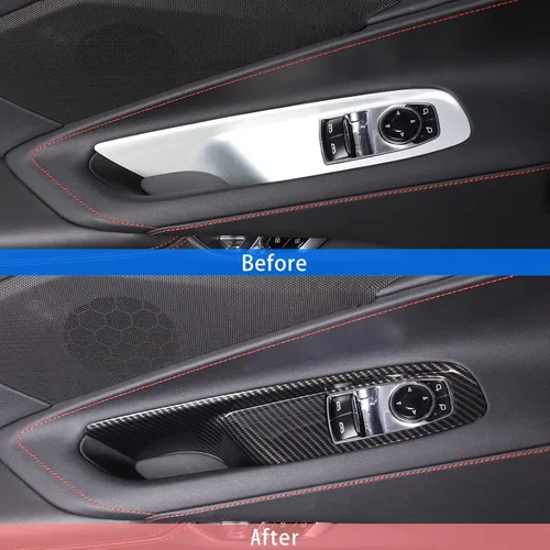 Vista 7 de Cubierta para interruptor de elevación de ventana compatible con Chevrolet Corvette C8 2020-2023, accesorios C8 (patrón de fibra de carbono)
