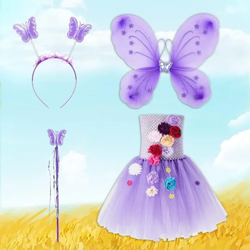 Vista 2 de Disfraz de hada de princesa tutú para niñas vestido de alas de mariposa de hada disfraz de cosplay de 4 piezas para Halloween y Navidad
