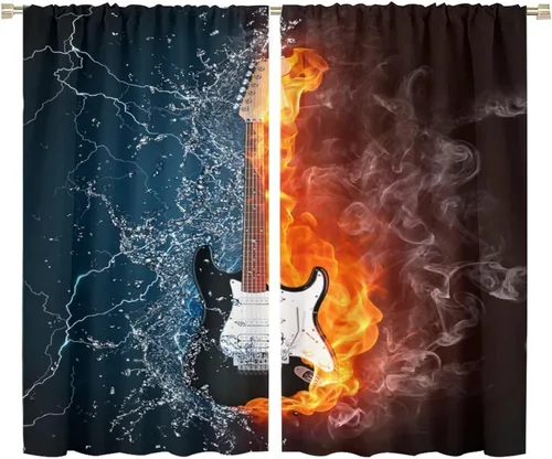 Vista 51 de Cortinas de música rock para adolescentes, tratamiento de ventana de guitarra electrónica para dormitorio, sala de estar, cortinas de ventana