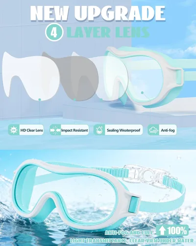 Vista 6 de Aegend Paquete de 2 gafas de natación para niños de 3 a 15 años, antivaho, anti-UV, visión amplia, impermeables, sin fugas, para niños y niñas