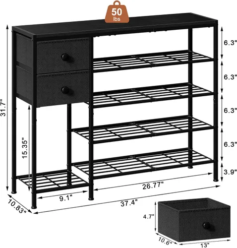 Vista 3 de Zapatero de 5 niveles con 2 cajones de tela, organizador de zapatos con estructura metálica y tablero de madera para 16-20 pares de zapatos, estante