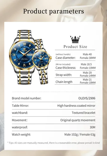 Vista 6 de OLEVS Reloj de cuarzo para parejas, calendario luminoso, fecha, negocios, formal, de lujo, para hombres y mujeres, impermeable, casual, acero