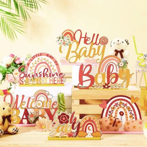Vista 3 de 6 piezas de centros de mesa de madera con arco iris boho, decoración de mesa de arco iris boho, decoración de baby shower de sol para niños y niñas
