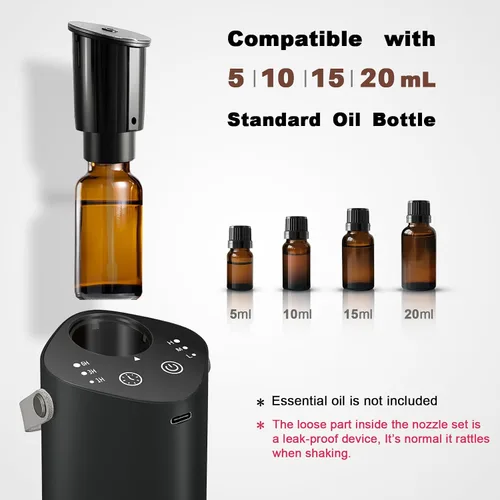Vista 4 de Difusor de aceite esencial sin agua con asa, difusor de aroma para automóvil, hogar, oficina, baño, con temporizador, pequeño difusor de Negro
