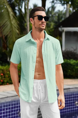 Vista 2 de Makkrom Camisa guayabera de manga corta para hombre, con solapa, con botones, para campamento cubano