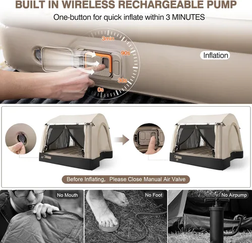 Vista 9 de Tienda de campaña autoinflable con colchón, PU2000mm impermeable, bomba de aire recargable, 3 minutos de instalación rápida Tienda de campaña