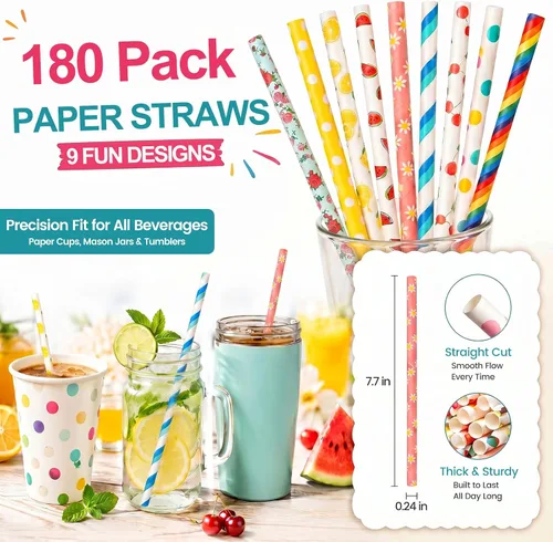 Vista 2 de HAKACC 180 popotes de papel para beber, 9 patrones diferentes, pajitas de fiesta desechables para cumpleaños, bodas, vacaciones, decoraciones