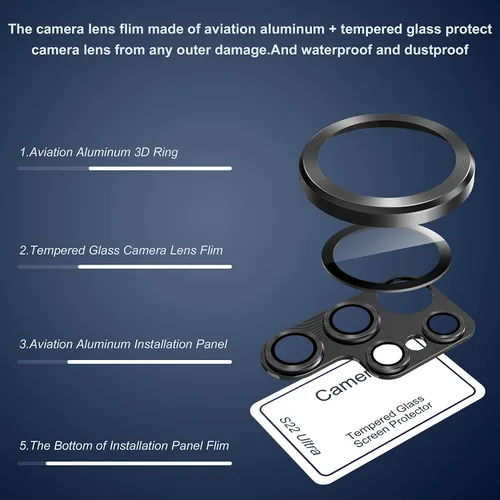 Vista 4 de Suoman Protector de lente de cámara para Samsung Galaxy S23 Ultra, [no afecta el flash] Película de vidrio templado 9H, cubierta protectora de metal