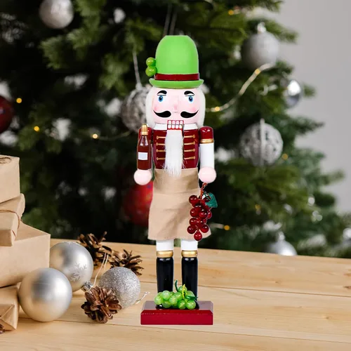 Vista 6 de Chef Bartender Cascanueces Decoraciones Navideñas - Figuras de Madera Hechas a Mano de 15 Pulgadas con Botella de Cerveza Copa de Vino Uva Temática