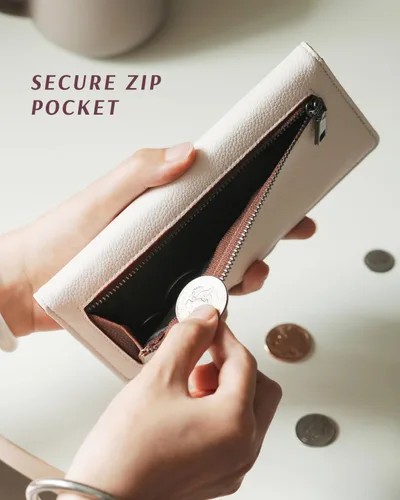 Vista 6 de Unilily Cartera delgada para mujer, con bloqueo RFID, de piel vegana, plegable, tarjetero con 2 ventanas de identificación y bolsillo con Lila