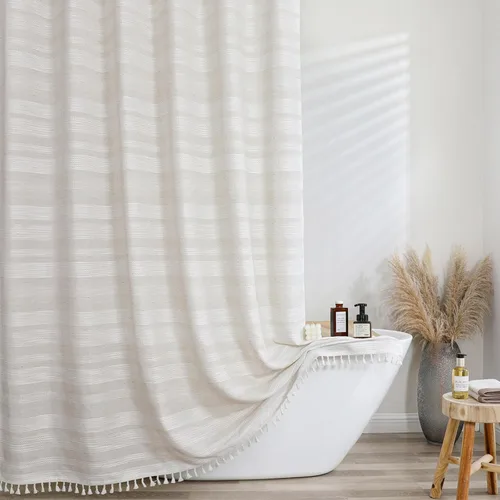 Vista 21 de OVZME Cortina de ducha bohemia negra, cortina de ducha estrecha de tela suave a rayas de lino texturizado con borla, moderna decoración de baño