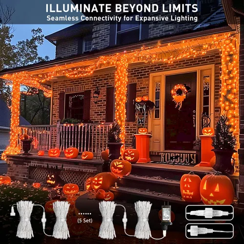 Vista 2 de JMEXSUSS 150 luces LED naranjas de Halloween para interiores y exteriores, luces de Navidad en cadena enchufables para interiores, 8 modos de luces