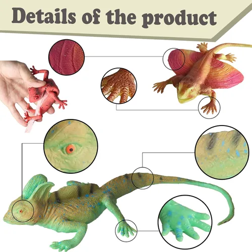 Vista 4 de 8 piezas de juguetes de lagarto esponjosos, figuras de goma elásticas, juguetes de reptiles suaves realistas para niños, juego de figuras