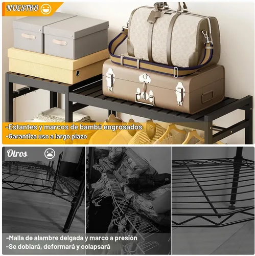 Vista 6 de Perchero de bambú para colgar ropa, perchero resistente con estantes ajustables de 7 niveles, varillas dobles, 4 ganchos, sistema de armario Negro