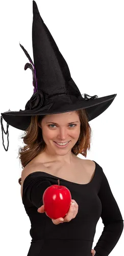 Vista 3 de Skeleteen Sombrero de bruja puntiagudo de lujo, accesorios glamorosos de brujas negras, sombrero de terciopelo elegante con flores, cuentas y plumas