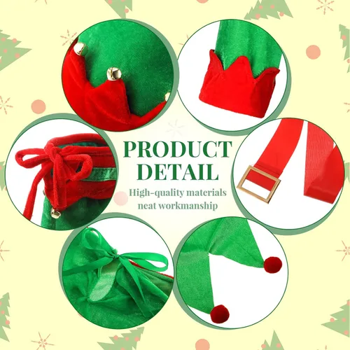 Vista 3 de Girls Women Christmas Elf Costume Set Santa's Helper Costume Xmas Festive Outfit with Elf Hat Shoes Belt Striped Stockings