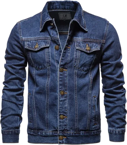 Vista 3 de Chaqueta de mezclilla para hombre, con cuello alto, con botones, para invierno, casual, a la moda