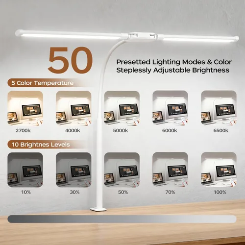 Vista 12 de Lámpara de escritorio LED con abrazadera, luz de arquitecto ajustable de doble cabeza, lámpara de escritorio para monitor de cuidado de los ojos