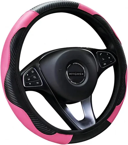 Vista 6 de Funda universal de microfibra para volante de automóvil, fibra de carbono elástica, 15 pulgadas, transpirable, antideslizante, protector de volante