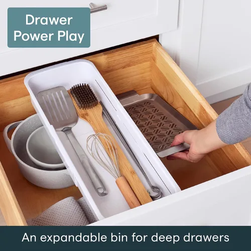 Vista 2 de YouCopia DrawerFit - Cajonera deslizante, organizador de almacenamiento de cocina expandible y ajustable, color blanco moteado