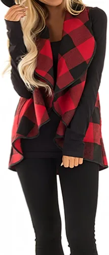 Vista 4 de Unidear - Chaleco con diseño de lana cuadriculada para mujer, chaqueta tipo cárdigan sin mangas, con solapa, frente abierto y bolsillos