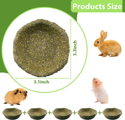 Vista 2 de Paquete de 5 cuencos masticables de heno de Timothy peludo para conejillos de indias y conejitos, comida comestible para conejillos de indias