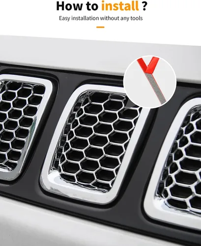 Vista 6 de Hoolcar 7 piezas de insertos de parrilla delantera con malla para accesorios exteriores Jeep Compass 2017-2020, cromo