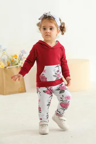 Vista 2 de Eghunooy Conjunto de sudadera con capucha floral de manga larga para bebé niña con bolsillo y diadema