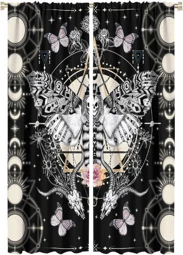 Vista 21 de Cortinas de mariposa de fantasía, polilla, sol, luna, estrella, arte floral, estampado floral, bolsillo para barra, cortinas opacas para ventana