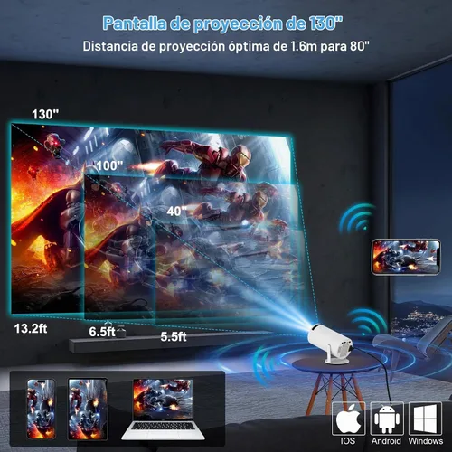 Vista 6 de Mini proyector, proyector portátil 1080P 4K, proyector inteligente con corrección trapezoidal automática, Wifi6 y Bluetooth, proyector de película