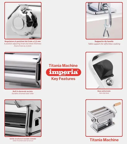 Vista 5 de Imperia Titania Pasta Maker - La máquina está 100% fabricada en Italia, construcción de acero resistente, rodillo manual con mango de madera