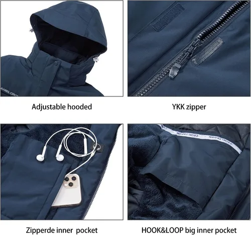 Vista 37 de CAMEL CROWN - Chamarra de esquí para mujer, impermeable, con capucha desmontable, rompevientos, forro polar, parka para lluvia