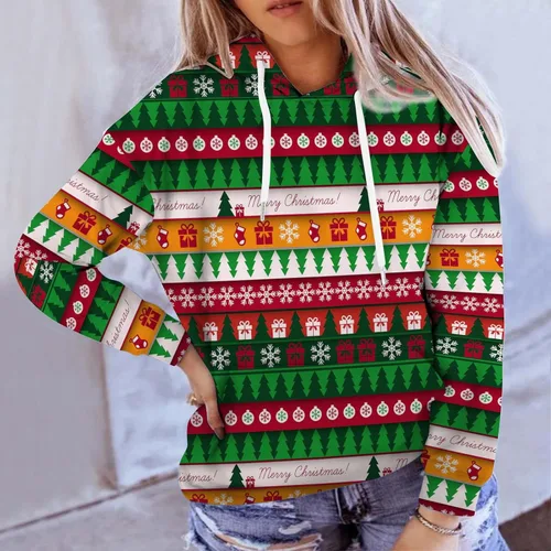 Vista 7 de Sudaderas con capucha de Navidad para mujer, talla grande, casual, holgada, con estampado gráfico, manga larga, cuello redondo, suéter sin botones